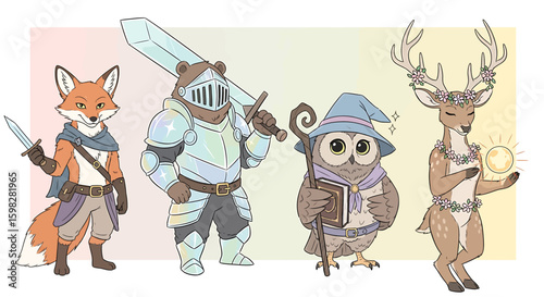 Four anthropomorphic animals stand side-by-side: a fox with a knife, a bear in armor with a sword, an owl wizard with a book, and a deer holding a glowing orb.