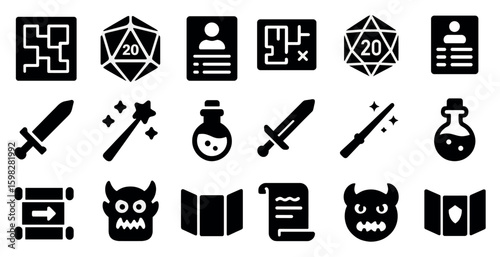 Rpg and fantasy solid icons set – flat, filled, gaming and adventure symbols