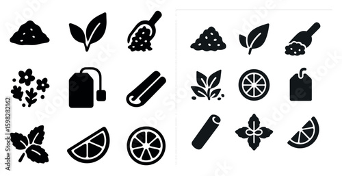 Herbal solid icons set – filled, natural plant and botanical symbols