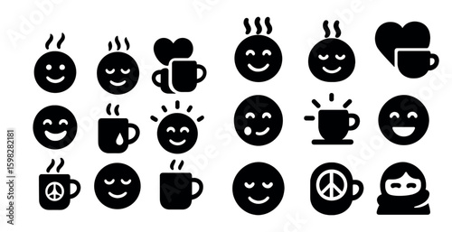 Coffee and emotion solid icons set – filled, silhouette, mug and smiley symbols