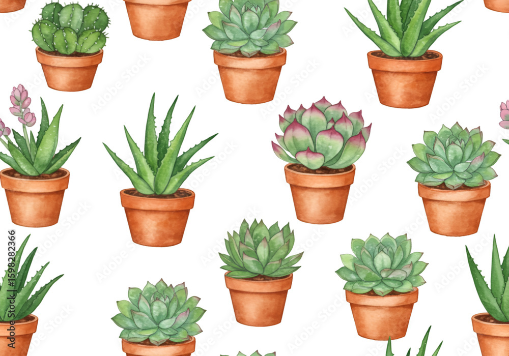Fototapeta premium Watercolor Succulents and Cacti Seamless Pattern Illustration