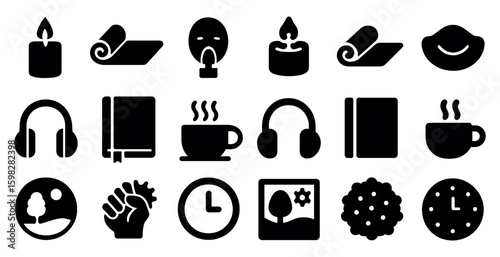Relaxation and meditation solid icons set – calm, peaceful, wellness symbols