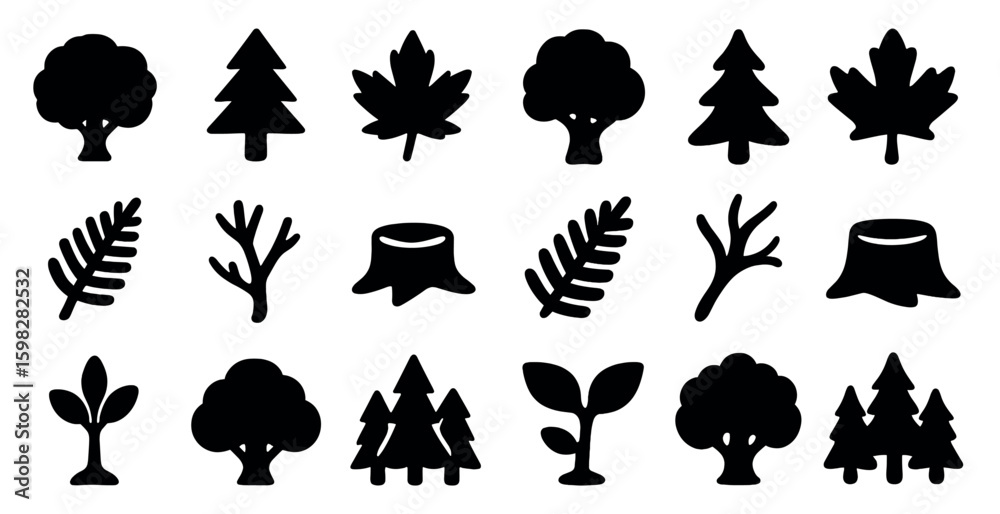 Fototapeta premium Nature and plant silhouette icons set – organic, tree, leaf graphics collection