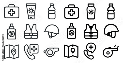Emergency preparedness outline icons set – linear, safety, first aid essentials