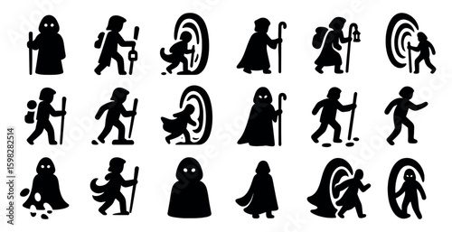 Adventure and fantasy silhouette icons set – filled, solid, journey symbols