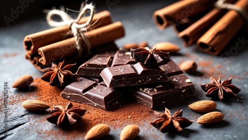 Chocolate and cinnamon sticks with star anise and almonds on a rustic surface.