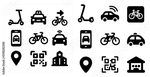 Transportation and mobility icons set – solid, filled, travel and navigation designs