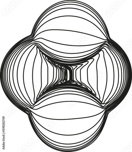 A design composed of curved geometric forms within a circular boundary, blending organic shapes with geometric precision.