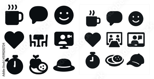 Communication and leisure silhouette icons set – solid, filled, social and interaction symbols