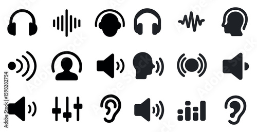 Audio and sound filled icons set – speakers, headphones, and acoustic symbols