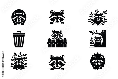 Raccoon icons and trash can fence tree