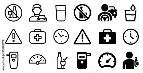 Alcohol awareness icon set – outline, silhouette, prevention and safety symbols