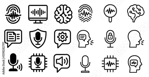 Voice recognition icon set – outline, linear, speech and audio symbols