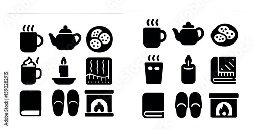 Cozy lifestyle silhouette icons set – home, relaxation, leisure symbols