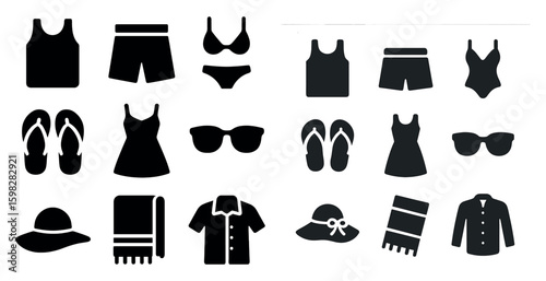 Beachwear silhouette icons set – swimsuit, clothing, summer fashion graphics
