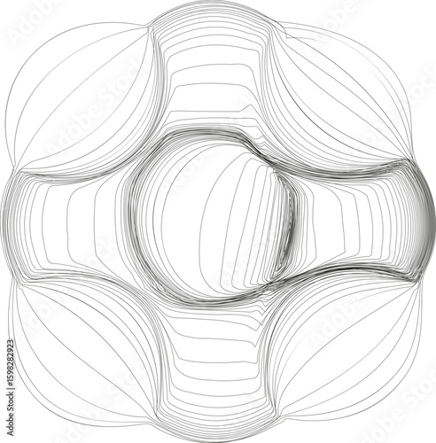 A design featuring a geometrically complex shape with intricate line work and layered patterns within a circular form.