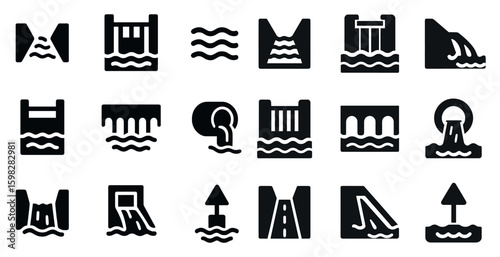 Water management solid icons set – silhouette, dam and flood control symbols