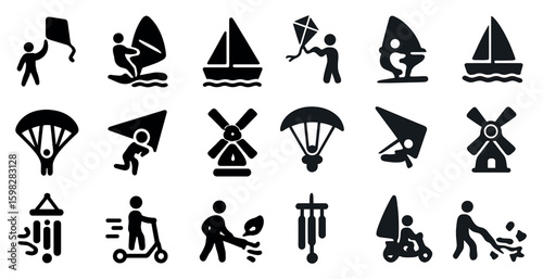 Extreme sports solid icons set – silhouette, filled, adventure and outdoor activity symbols