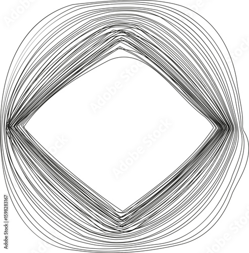 A circular design featuring a square-shaped ring structure, where the lines and contours form an angular pattern inside a circular boundary.