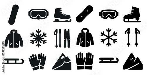 Winter sports silhouette icons set – skiing, snowboarding, cold weather gear symbols