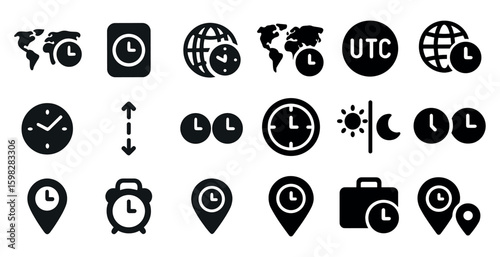 Time and clock silhouette icons set – solid, filled, hour and minute symbols