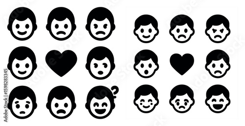 Emotion silhouette icons set – solid, filled, facial expression symbols