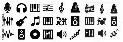 Music instruments solid icons set – filled, flat, band and sound symbols
