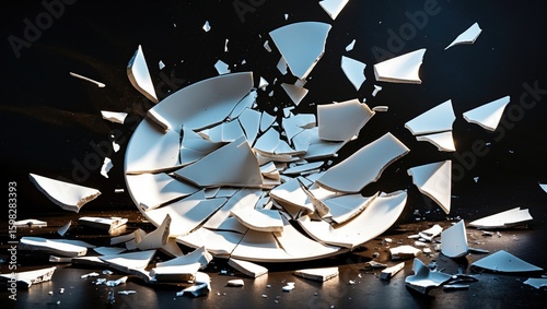 A shattered white ceramic plate breaking apart into pieces against a dark background.