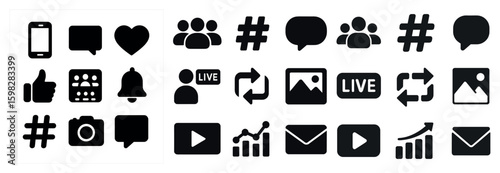Social media silhouette icons set – bold, solid, communication symbols for online networks