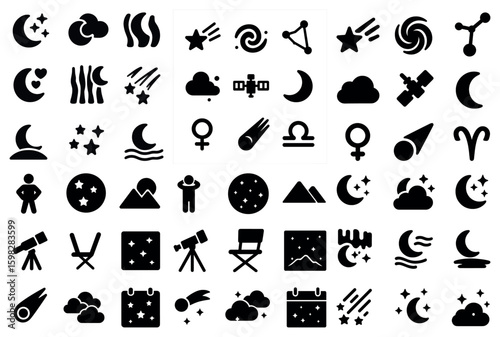 Astronomy solid icons set – black, celestial objects, stargazing symbols
