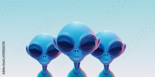 Group of aliens with big eyes, 3D. Realistic image of humanoids for concepts of intelligent extraterrestrial civilizations, technology, and science. Vector illustration.