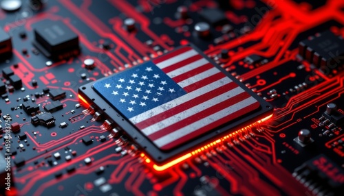 Innovative american flag microchip design revolutionizes technology industry usa digital art futuristic environment abstract viewpoint
