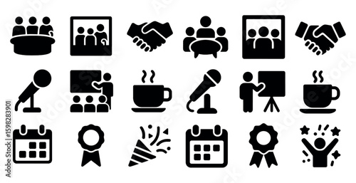 Meeting and conference solid icons set – flat, filled, business and presentation symbols