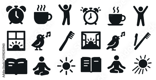 Daily routine solid icons set – filled, silhouette morning and wellness symbols