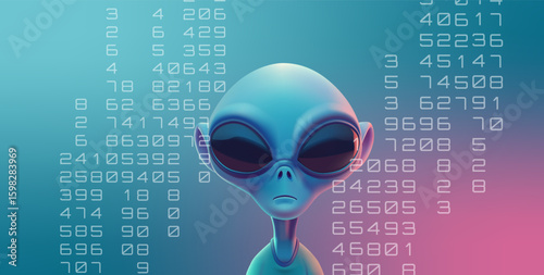 3D alien character, code, signal. Futuristic banner with an intelligent humanoid. For science fiction, technology, and science concepts. Vector illustration.