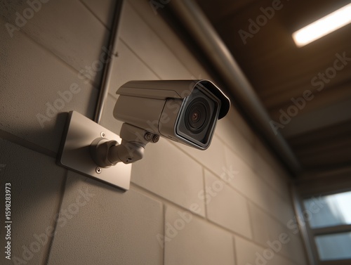 Security Camera on Duty: A close-up view showcases a security camera, mounted on a tiled wall within a building, highlighting its role in surveillance.generative ai illustration
