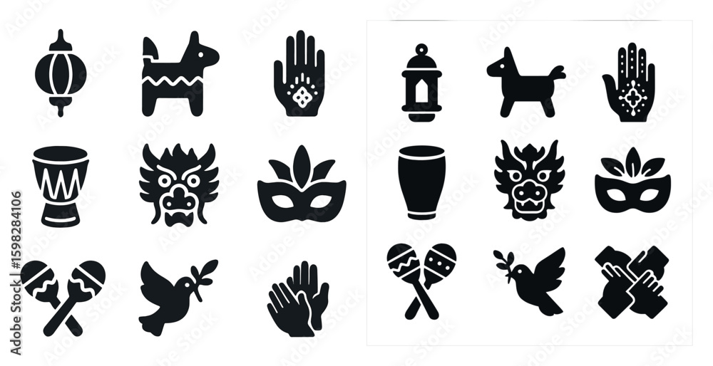 Fototapeta premium Cultural festival silhouette icons set – celebration, traditional, event