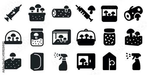 Fungi and mushroom solid icons set – silhouette, filled, mycology and growth symbols