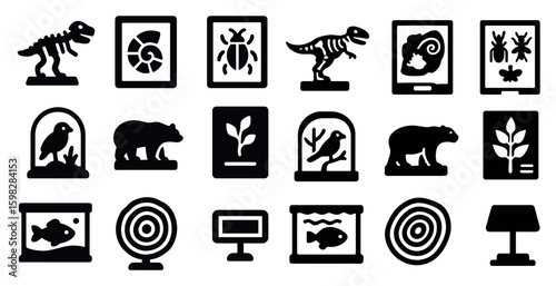 Dinosaur and nature solid icons set – silhouette, filled, wildlife and fossil symbols