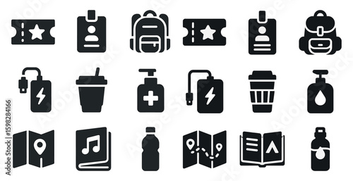 Travel essentials solid icons set – filled, silhouette, itinerary and journey tools