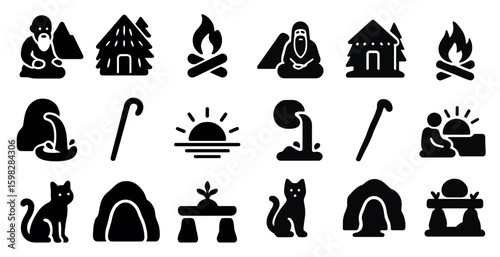 Minimalist living solid icons set – silhouette, filled, meditation and nature symbols