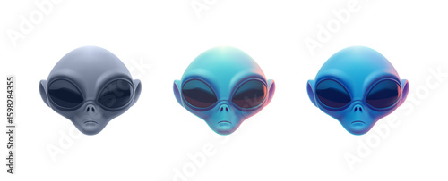 A set of colored alien heads with big eyes, 3D. Extraterrestrial life, fantasy. Icon, emoji. For advertising and prints. Vector illustration.