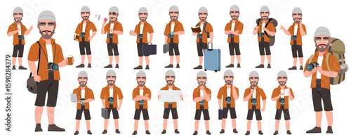 Traveler character model sheet, Character poses, expressions, Walk cycle, Run cycle animated character sequences.