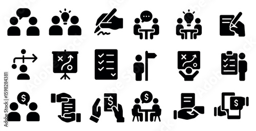Business and communication solid icons set – filled, teamwork, strategy symbols