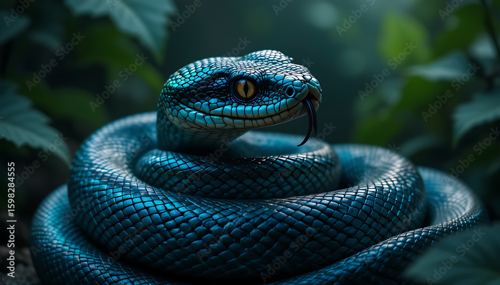 Fototapeta premium Mysterious blue viper coiled in lush green jungle foliage
