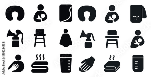 Breastfeeding solid icons set – filled, nursing, baby care symbols