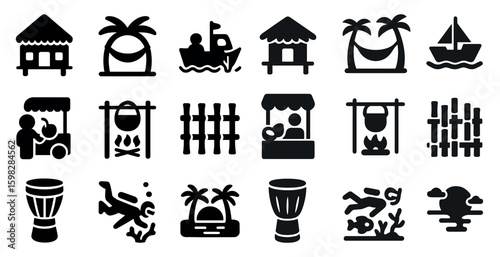 Beach and tropical silhouette icons set – solid, filled, vacation and seaside elements