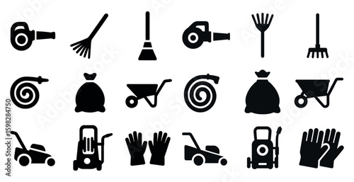 Gardening tools silhouette icons set – solid, filled, lawn and maintenance symbols