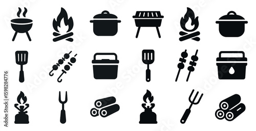 Camping and bbq silhouette icons set – fire, cooking, outdoor adventure symbols