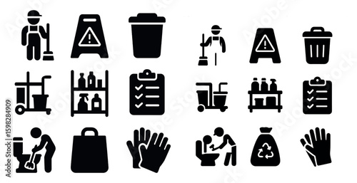 Cleaning and maintenance solid icons set – hygiene, sanitation, cleaning tools